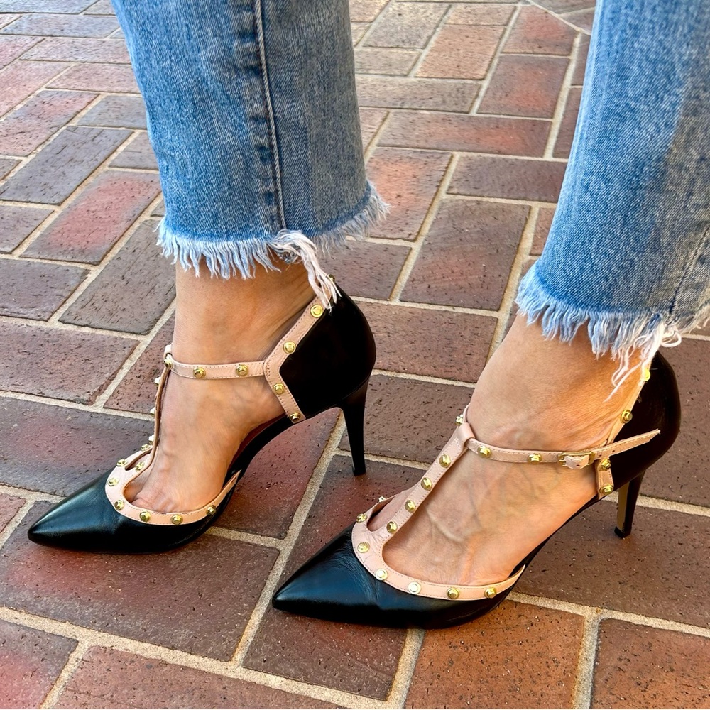 Halogen Black Leather Martine Studded T-Strap Mary Jane Pump High Heels Size 10